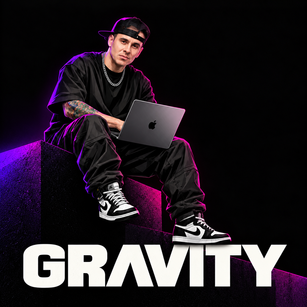 Gravity brand artwork: John Gillette with a laptop, surrounded by violet and pink light above the GRAVITY wordmark.